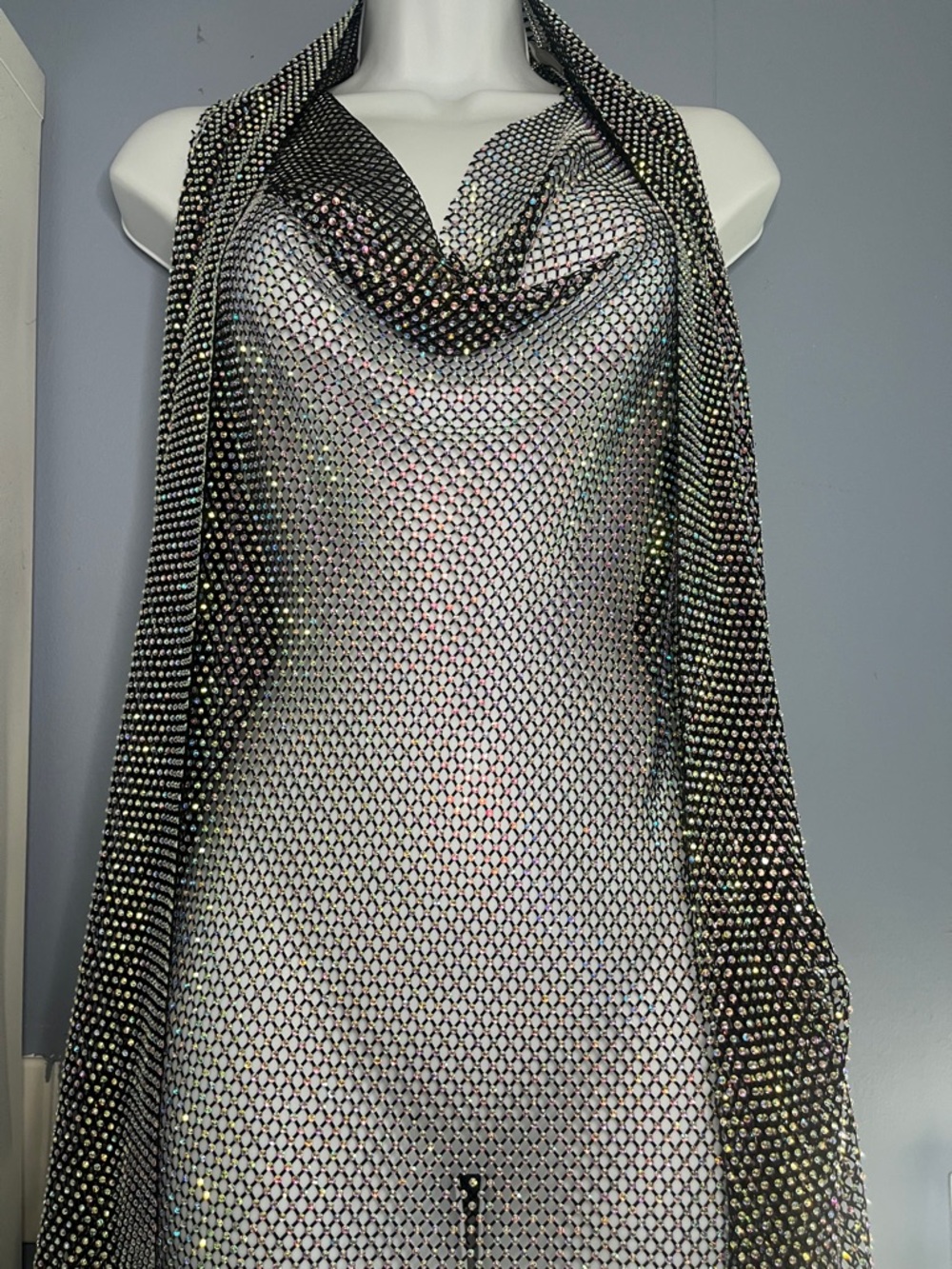 Rhinestone Mesh Cowl Neck Dress I with Drape/head scarf